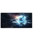 Space sci‑fi mouse pad 32x16 inches with hex panel frame, glowing gateway, and distant ships.