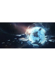 Space-themed desk pad 36x16 inches with hex panel border, blue gateway glow, and tiny ships in the void.