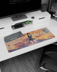 32x12 inches anime girl mouse pad showing a bashful schoolgirl standing before orange cotton clouds and drifting birds.