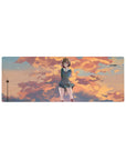 32x12 inches anime girl mouse pad with shy schoolgirl in teal uniform, sunset clouds, birds, and sky trails.