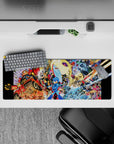 32x12 inches anime mouse pad in fiery reds and icy blues with gold sparks, bold action-packed vibe.