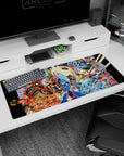 36x16 inches Mega Man desk pad showing him in blue armor with arm cannon amid robots and explosions.
