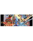 32x12 inches anime mouse pad with Mega Man in blue armor amid robots, explosions, and energy swirls.