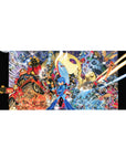 Anime desk pad 36x16 inches with action-packed robot battle art, explosions, ships, and energy lines.