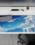 Calm navy-to-aqua gradient anime desk pad 36x16 inches, sea-salt stars and dreamy ocean blues mood.