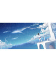 Anime girl desk pad 36x16 inches with starry ocean sky, floating whales, and wind turbines design.