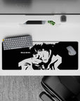 Black-and-white 32x12 mouse pad featuring Spike Spiegel’s final moment with the iconic "BANG." for fans who cherish Cowboy Bebop’s intensity