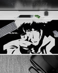 Legendary 40x20 desk pad with Spike Spiegel in black-and-white, capturing his final moment and iconic "BANG." for a striking tribute