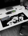 Black-and-white 36x16 anime desk mat with Spike Spiegel’s iconic final moment and "BANG." for fans of powerful Cowboy Bebop moments