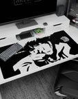 Black-and-white 40x20 anime desk mat with Spike Spiegel’s final moment and the iconic "BANG." for fans of Cowboy Bebop’s powerful tribute