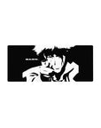 Spike Spiegel 28x12 mouse pad in black-and-white, featuring his final moment and iconic "BANG." for a tribute to Cowboy Bebop’s legacy