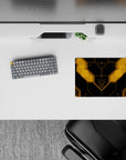 14x10 inches classic anime mouse pad in matte black with glowing amber lines, clean sci-fi desk vibe.