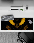 32x12 inches matte black anime mouse pad with hot amber glow lines, sleek techy cozy cockpit vibe.