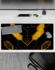 32x16 inches anime mouse pad in matte black with hot amber glowing lines, sleek techy sci-fi desk vibe.