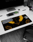 32x16 inches anime mouse pad inspired by Gundam UC, Banagher Links-style cockpit interface, crisp HUD geometry.
