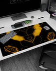 Banagher Links-inspired Unicorn Gundam UC cockpit UI desk mat scene, 40x20 inches.