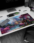 Large 40x20 inches mouse pad featuring hidden mountain temple, surrounded by waterfalls and cherry blossoms for serene inspiration.