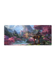Mouse pad featuring hidden mountain temple, 28x12 inches, with waterfalls and cherry blossoms for a calming, serene desk effect.