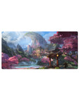 Mouse pad featuring hidden mountain temple, 32x16 inches, with waterfalls and cherry blossoms for a serene and creative desk atmosphere.