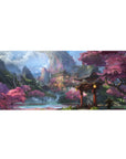 Mouse pad featuring hidden mountain temple, 36x16 inches, with waterfalls and cherry blossoms for a peaceful, tranquil vibe.