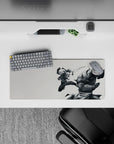 28x12 inches anime mouse pad in soft gray tones, sharp highlights, calm yet intense battle vibe.
