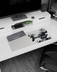 28x12 inches anime mouse pad showing a braided martial artist kicking a spiked suit of armor, fists raised.
