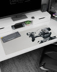 36x16 inches anime desk pad showing braided martial artist midair kick versus towering spiked armor.