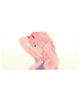 Mouse pad with Zero Two, 32x16 inches, bathed in golden light, showcasing her pink hair and cyan eyes for a confident, alluring look.
