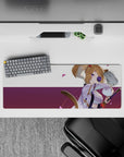 32x12 inches anime girl mouse pad in soft lavender and deep plum, cozy bold vibe with floating pink petals.