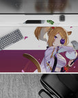 Cozy bold lavender and plum anime desk pad 40x20 inches with pink petals and clean line art.