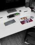 Anime fox-girl samurai at desk, 14x10 inches mouse pad, tan hair, violet rose eyepatch, petals.