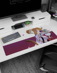 Anime fox-girl samurai with rose eyepatch and katana, tan hair and petals scene desk pad, 36x16 inches.