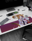 Tan-haired fox-eared samurai girl with violet rose eyepatch on desk pad 40x20 inches.