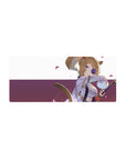 28x12 inches anime girl mouse pad with fox-girl swordswoman in lavender kimono, rose eyepatch, petals.