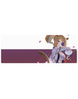 32x12 inches anime girl mouse pad with fox-girl swordswoman in lavender kimono, rose eyepatch, petals.