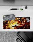 Fiery orange-gold ember glow anime mouse pad 28x12 inches with smoky shadows and fast action vibe.