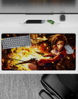 32x16 inches anime girl mouse pad in fiery orange-gold glow, smoky shadows, and bright red accents.