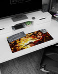 Anime girl mid-turn with twin guns, chestnut hair and blue bows on mouse pad 28x12 inches.