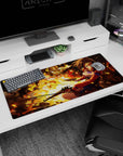 Anime girl desk pad 36x16 inches showing a chestnut-haired heroine mid-turn with twin pistols and blue bows.