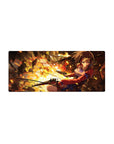 Steampunk anime girl mouse pad 28x12 inches with twin pistols, red jacket, gears and cables.