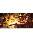Anime girl desk pad 36x16 inches with steampunk pistols, red jacket, brass gears, and flying embers.
