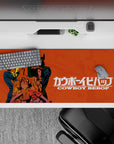 36x16 inches mouse pad with Spike, Jet, Faye, Ed, and Ein, action-packed design, deep orange hues, and dynamic shading.