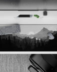 Peaceful 36x16 desk pad featuring a monochrome wilderness scene for a minimalist design that creates a tranquil escape at your desk