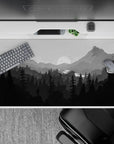 Serene 40x20 desk pad with a calming monochrome wilderness scene, perfect for creating a peaceful, nature-inspired atmosphere