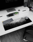 Serene 32x12 mouse pad with a monochrome wilderness scene in calming gray shades, ideal for a peaceful desk environment