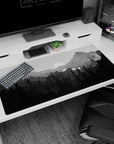 Minimalist 40x20 anime desk mat with shades of gray and a serene wilderness scene for a calming and simple desk aesthetic