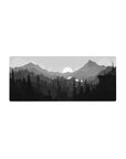 Monochrome 28x12 mouse pad with calming gray tones and a serene wilderness scene, perfect for creating a minimalist and peaceful workspace