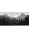 Monochrome 36x16 desk pad with a serene wilderness scene in calming gray tones, perfect for adding simplicity and peace to your workspace