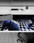 Striking 36x16 mouse pad highlights the interplay of black-and-white patterns, eerie blue hues, and unsettling distortions in stunning detail