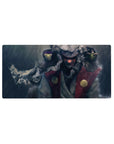 32x16 inches anime mouse pad with rainy mist scene, water splash texture, red coat and navy shadows.